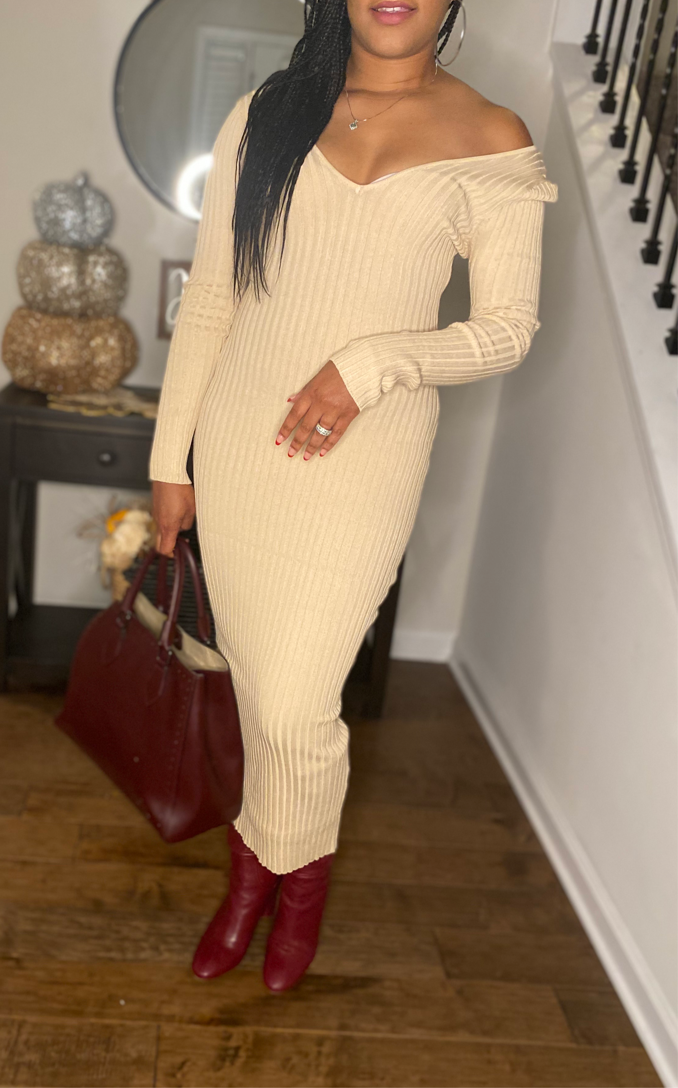 Creamy ribbed knit midi dress