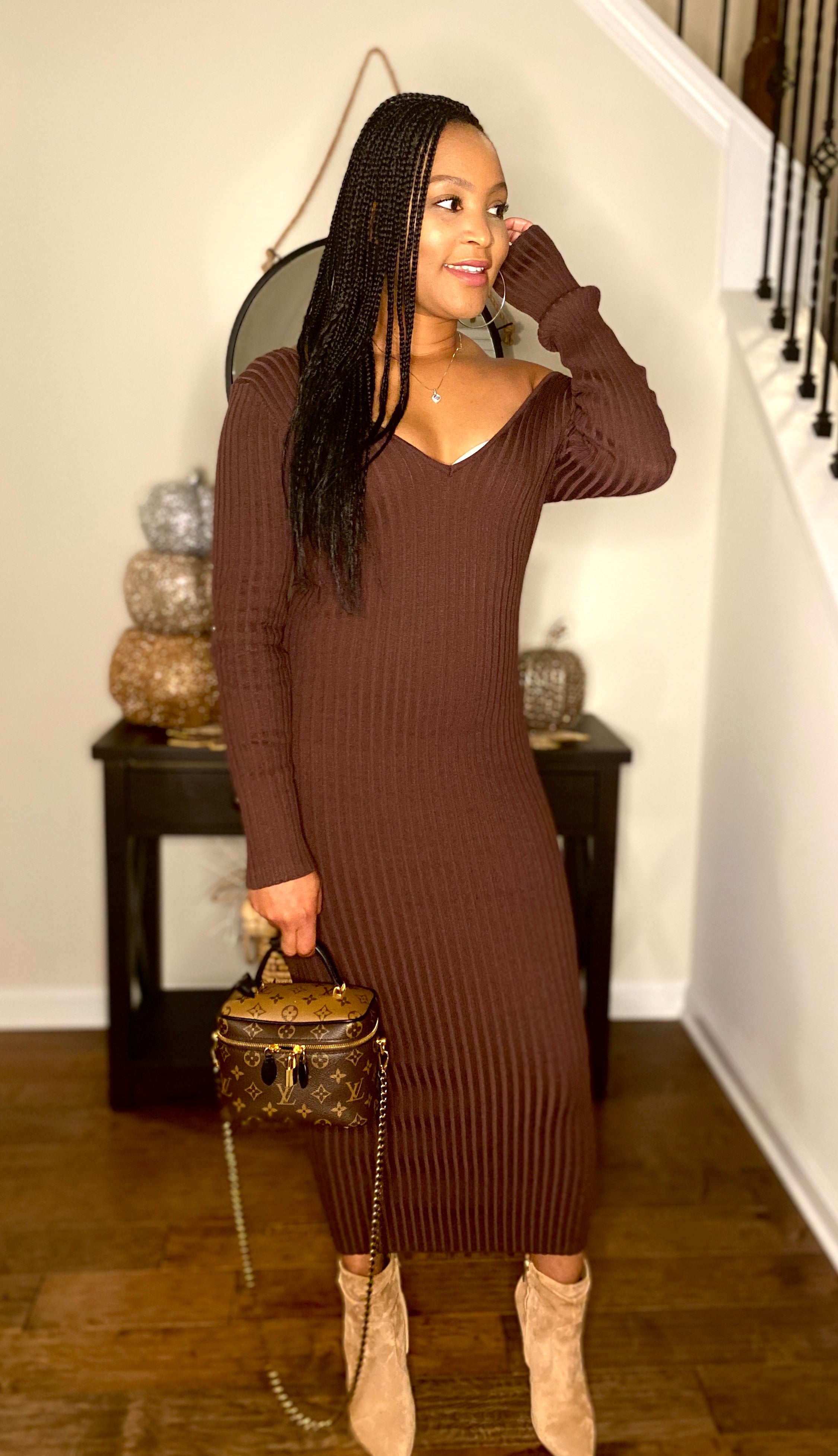 Brown Sugar ribbed knit midi dress