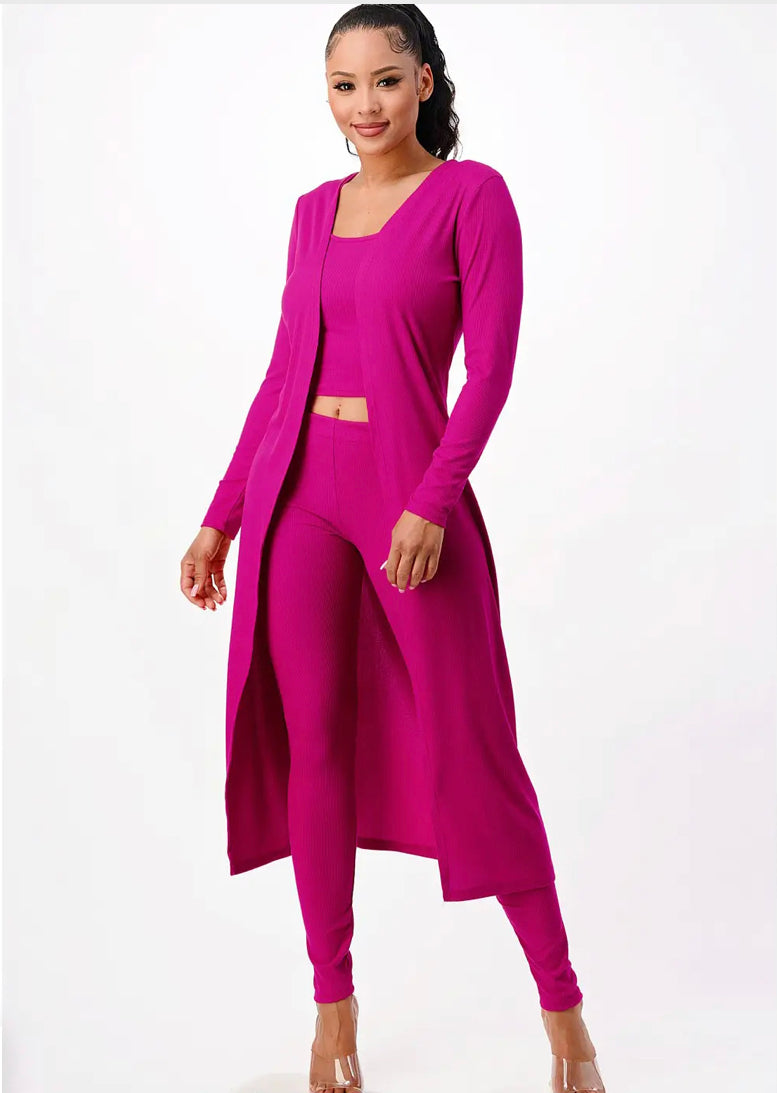 Pipe Down 3pc cardigan sets-black, camel, and fuchsia